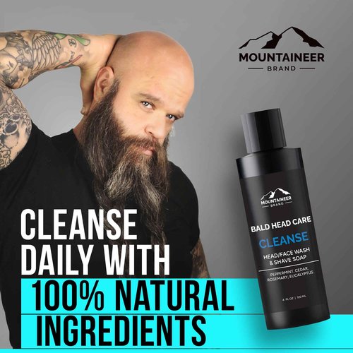 Mountaineer Brand Bald Head Exfoliator & Shampoo (Cleanse) | Fresh & Natural Scent | Bald Head Care for Men | Made in WV | Exfoliating Scalp Scrub | Hydrating Soap & Wash | 4oz