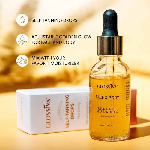 Glossiva Self Tanning Drops - Sunless Tan for a Sun-Kissed Bronze - Beauty Skin Self Tanner - Gradual Glow for Face and Body - Long-Lasting for a Week, 1.01 Fl Oz