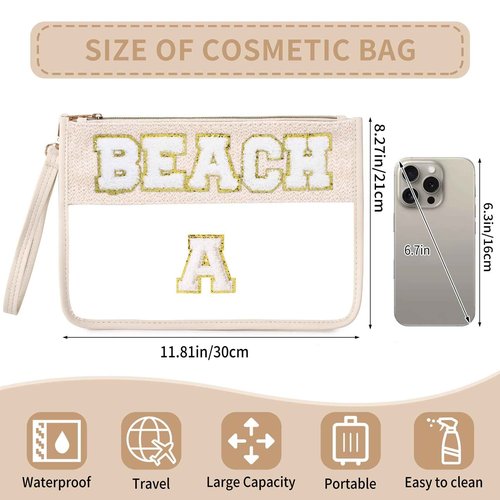 Pinkmik Chenille Letter Clear Zipper Pouch for Travel Clear Snack Bag Beach Cosmetic & Toiletry Makeup Bag for Women (BEACH)