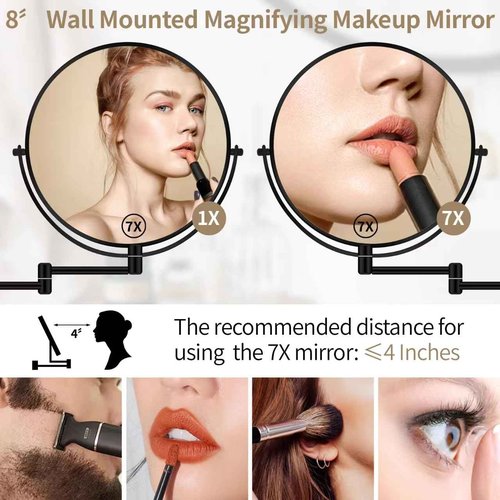 BTremary 8” Wall Mounted Magnifying Makeup Mirror 1X/7X Wall Mount Mirror Swing Arm Two-Sided 360° Swivel Bathroom Shaving Mirror for Men and Women in Hotel/Home, Black