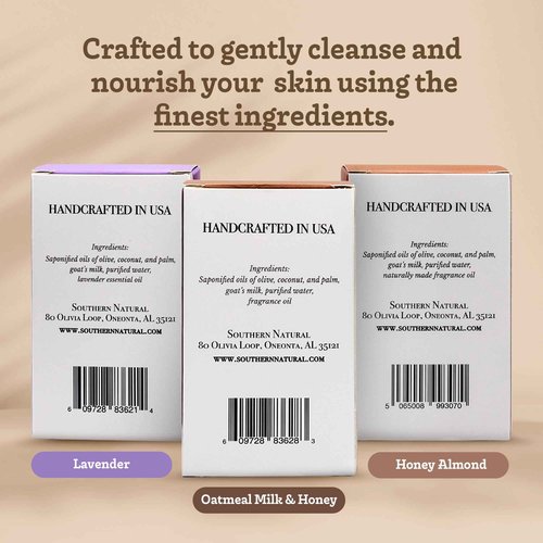 Southern Natural Goat Milk Soap Bar – Oatmeal Milk & Honey, Lavender, Honey Almond – Handmade for Dry and Sensitive Skin – Face & Body Wash for Men, Women, Kids, Baby – 3 pack (4-4.5 oz)