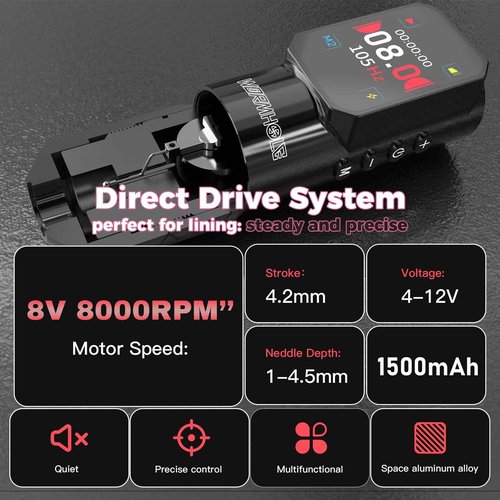 Wormhole Tattoo Gun Wireless Tattoo Machine 1500mAh Battery Aluminum Alloy Smart Tattoo Pen Dot Working Mode Multifunctional Machine for Professional Artist Black
