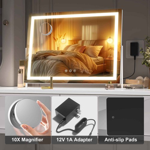 Hasipu Vanity Mirror with Lights, 13.8" x 10.6" LED Makeup Mirror, Light up Mirror with 10X Magnification, Smart Touch 3 Colors Dimmable, 360ยฐ Rotation (White)
