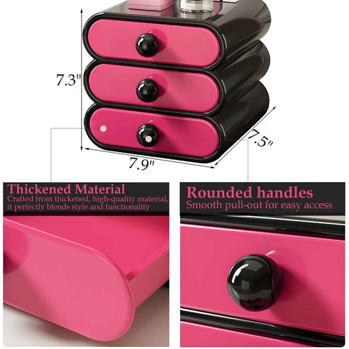 MavHubrix 3-Tier Drawer Makeup Organizer for Vanity Small Desk - Non-Stackable Cosmetic Storage Holder for Bathroom Counter & Office Desktop -7.9x7.5x7.3in (Black Red)