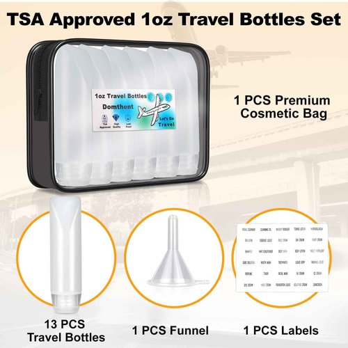 Domthent 13 Pack Travel Bottles for Toiletries - TSA Approved, Leak-Proof Refillable 1oz Travel Bottles Set for Shampoo, Lotion, Makeup, and Essential Oils (13)
