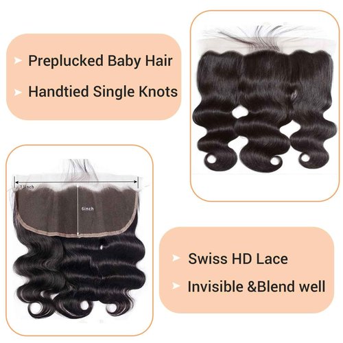 HD Lace Frontal 13x6 Transparent Ear to Ear Body Wave Frontal Human Hair 100% Unprocessed Virgin Lace Closure Human Hair Pre Plucked with Baby Hair 150% Density 12 Inch