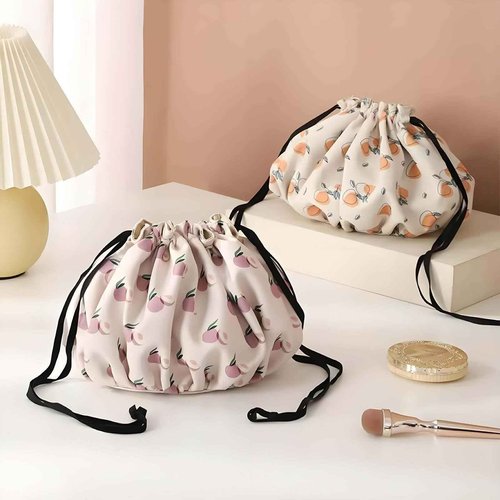 YoyoZest Large Capacity Drawstring Makeup Bag -Waterproof Oxford Cloth, Floral & Fruit Print, Multiple Inner Pockets, Lightweight & Portable for Travel & Daily Use (Milk Apricot)
