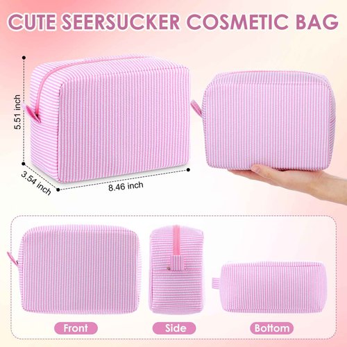 Sanwuta 6 Pcs Seersucker Cosmetic Bag Bulk Pinstripe Makeup Bag for Women Aesthetic Cute Travel Toiletry Organizer Preppy Storage Pouch for Wedding Bridesmaid Christmas Gift (Large,Pink)