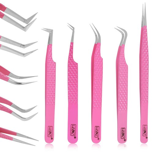 HADIZ Fiber Tip Eyelash Extension tweezers Lash Tweezer Japanese Steel set of five (Raspberry)