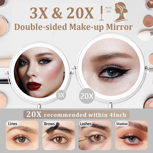 9in Vanity Mirror with Lights, Rechargeable&Dimming Lighted Makeup Mirror, 3X/20X Double Sided Magnifying Mirror,5000mAh,360 Rotate,3 Color Lights,Brightness with 80 LED,No Height Adjustment,Nickel