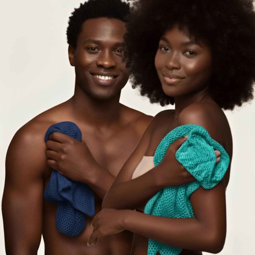 African Net Sponge Authentic 3 Pack, Body Scrubber Exfoliating Bath Sponge for Face and Body, Quick Drying Mesh Body Scrub for All Skin Types, Durable and Travel Friendly (Dark Blue, Blue, Turquoise)