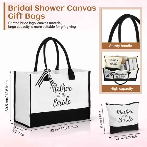 Zubebe 3 Pcs Bride Gifts for Bachelorette Party Bridal Shower Wedding Gift Set Include Glass Cup Canvas Tote Bag Makeup Bag(Mother of the Bride)