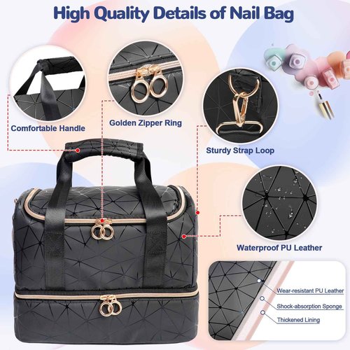 Partreko Nail Polish Organizer Holds 80 Bottles (15ml/0.5 fl.oz)& Nail Lamp, PU Leather Nail Organizers and Storage Bag with Shoulder Strap, Portable Nail Supplies Kit Organizer Carrying Case (Black)