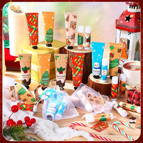 Loopeer 36 Sets/144 Pcs Christmas Hand Cream and Lip Balm Gift Set for Women Bulk Mini Hand Lotion Travel Size for Dry Skin Stocking Stuffers with Greeting Card Organza Bags for Coworker Employee