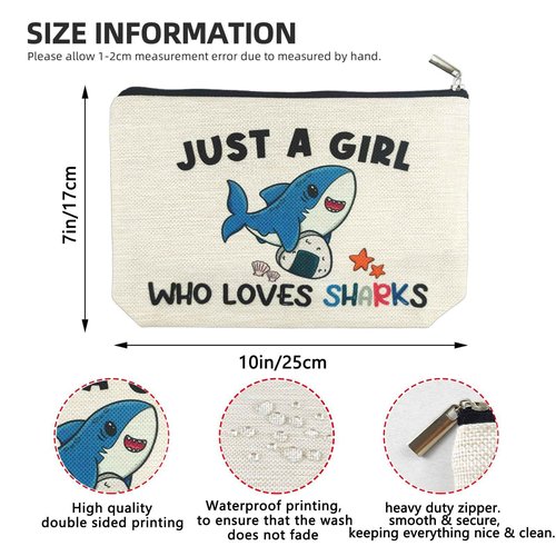 Suemetic Shark Gifts for Women Makeup Bag, Cute Shark Themed Gifts for Shark Lovers Girls Kids Accessories, Just A Girl Who Loves Sharks Cosmetic Stuff Pouch, Birthday Christmas Decorations