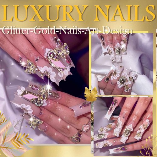 40 PCS Gold Nail Charms Set Pink Rhinestone Butterfly Nail Gems Cherry Rose Cross Heart Charms for Nails Planet Bow Nail Decorations for Nail Design Nail Art Supply