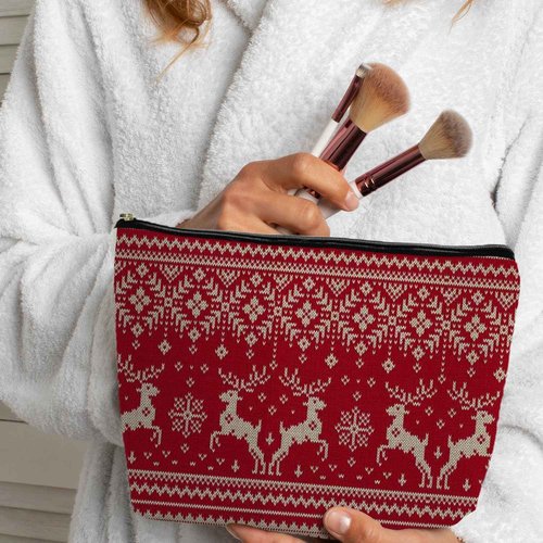 ignytiger Deer Makeup Bag, Red Christmas Reindeer Vintage Holiday Gifts Cosmetic Bags for Women, Winter Holiday Seamless Knitted Pattern Print Canvas Makeup Pounch Bags for Purse