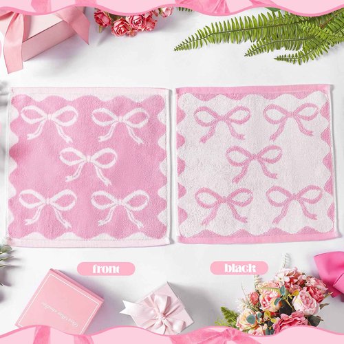 Coume 6 Pcs Pink Bow Washcloths 100% Cotton Wash Cloths 13" x 13" Coquette Small Face Towels Absorbent Soft Preppy Wash Cloths & Hand Bath Towels for Bathroom, Spa, Kitchen Drying Cleaning