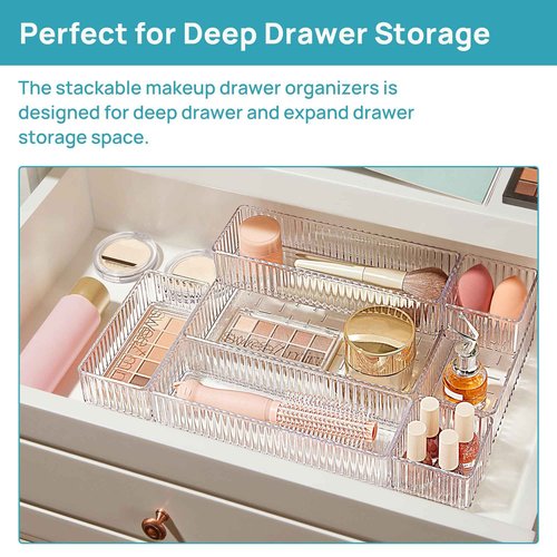 Vtopmart 7 PCS Clear Drawer Organizers Bins, 4-Size Stackable Makeup and Vanity Drawer Organizer Trays, Acrylic Bathroom Drawer Storage Containers for Cosmetic, Office Supply, Kitchen Utensils Gadgets
