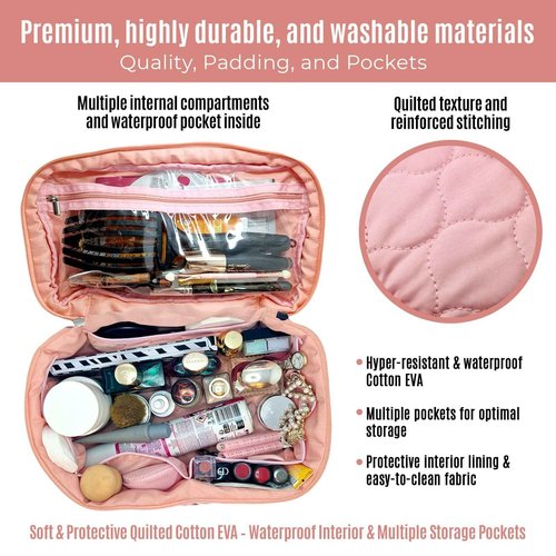 PINK PROTECT XL Quilted Makeup Bag Set of 2 - Extra Large Makeup Bag + Toiletry Bag for Women, Waterproof & Lightweight Cotton with Multiple Compartments, Perfect for Travel, Premium Stitching (Pink)