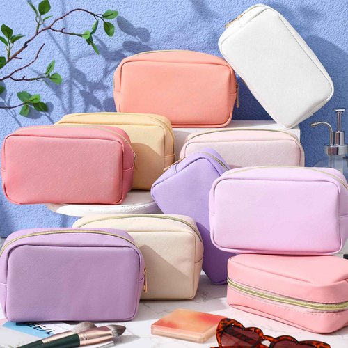 Sweetude 10 Pcs Christmas Makeup Bag Bulk Christmas Gift PU Leather Cosmetic Bag Small Skincare Toiletry Pouch with Zipper for Women Xmas Wedding Gift Favors(Pink and Purple)