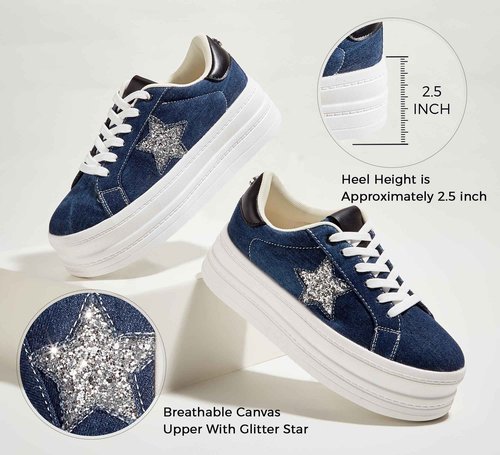 BELOS Fashion Platform Women Sneakers Faux Suede Stars Holographic Rainbow Walking Shoes (Denim Blue,7)