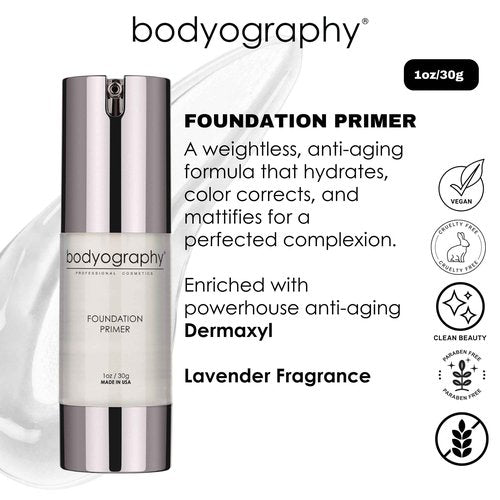 BODYOGRAPHY - Foundation Primer (Clear): Flawless Anti-Aging Salon Makeup Primer w/Vitamin E, A, Jojoba, Grapeseed Oil | Control Shine | Gluten-Free, Cruelty-Free, 1 oz.