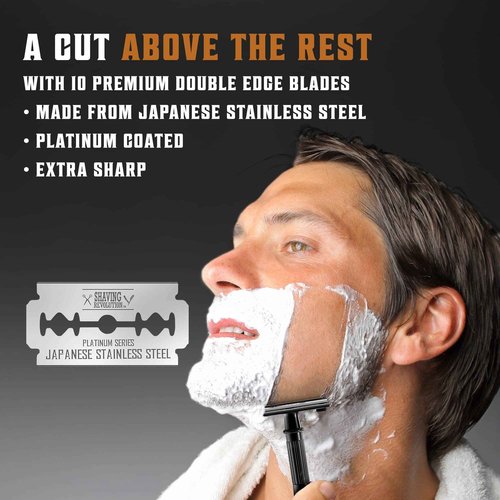 SHAVING REVOLUTION Long Handle Double Edge Safety Razor - Butterfly Open Razor with 10 Japanese Stainless Steel (Black)