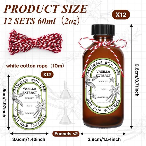 12 Pack 2 oz Vanilla Extract Bottles with Black Poly Cone Caps and 12 Pcs Vanilla Extract Stickers, 60ml Boston Round Sample Bottles for Homemade Vanilla Extract, Essential Oils, Herbal Medicine (2oz)