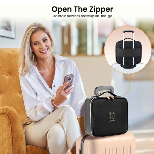 LILIBEBE Travel Makeup Bag with Led Mirror Detachable 3 Color Scenarios Adjustable Brightness Large Cosmetic Organizer Storage Adjustable Dividers Waterproof Makeup Brushes Toiletry Gift Black