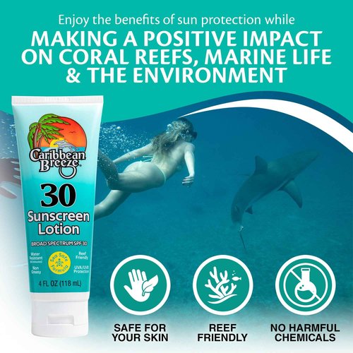 Coral Reef Safe Sunscreen SPF 30 Suntan Lotion, Mango Lime Scented Vacation Sunscreen, Reef-Safe Sunblock for Face & Body, Eco-Friendly, Water Resistant (80 Minutes), 4 Oz (120 mL) by Caribbean Breeze