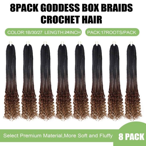 Goddess Box Braids Crochet Hair with Curly Ends 24inch Long Crochet Braids for Black Women Pre Looped 8 Packs Bohemian Style Goddess Box Braid Hair Extensions (1B/30/27)