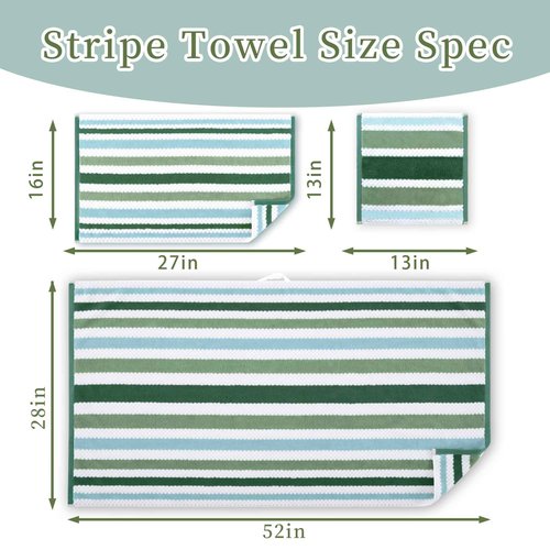 Green and White Washcloths (6PC, 13"x13") - 100% Cotton, Quick Dry, Thick&Absorb, Soft Washcloths for Bathroom & Showering, Striped Wash Cloths for Face & Body, Green Stripe and White Waffle/Checkered