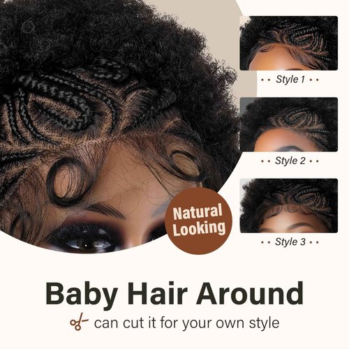 PROTEA Afro Braids Wigs, Hand Braided Synthetic Lace Front Box Braided with Baby Hair for Women, Lace Frontal Wigs for Women, 10 Inch #1B