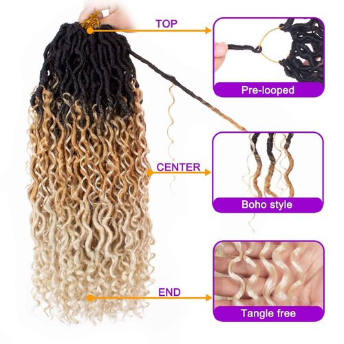 ZRQ 8 Packs Goddess Locs Crochet Hair 18 Inch Ombre Boho Faux Locs Crochet Braids 613, 3 Tone Pre Looped Bohemian Locs River Soft Locs Crochet Hair Synthetic Boho Faux Locs 1B27613#