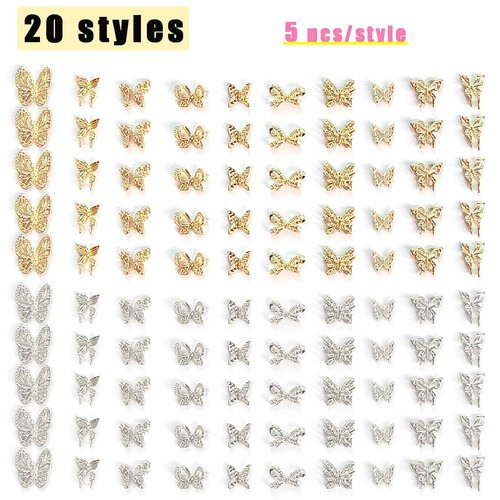 100 PCS Butterfly Nail Charms - Gold, Silver, 3D for Acrylic Nails