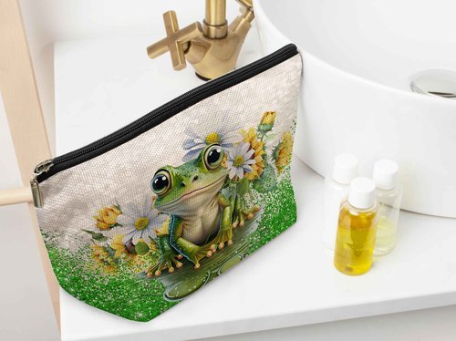 Ayxvt Frog Gifts Makeup Bag - Spring Frog Cosmetic Bags For Women, Daisy Sunflower Floral Makeup Bag, Frogs Gifts For Women, Gifts For Frog Lovers Women, Animal Lover Gift