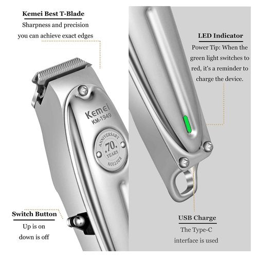 KEMEI Professional Beard and Hair Trimmer for Men, Cordless T-Blade Trimmers, Electric Hair Clippers for Barbers and Stylists, All Body Grooming Model 1949