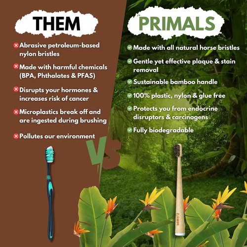 PRIMALS Horse Bristle & Bamboo Toothbrush (4-Pack) - Luxurious & Soft Horse Bristles - Fully Biodegradable - Plastic & Nylon Free - Quick Dry Design