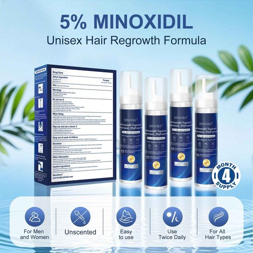 ERYLVEKA 5% Minoxidil Foam for Hair & Beard Growth – Thickening Treatment for Men & Women, 4-Month Supply (8.44oz) with Biotin, Unscented & Non-Greasy Formula