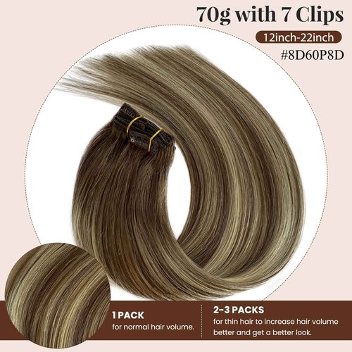 Clip in Hair Extensions, 18 inch Clip in Hair Extensions Real Human Hair, 7PCS Ombre Highlight Ash Blonde Clip in Hair Extensions, 70g Seamless Clip ins Human Hair