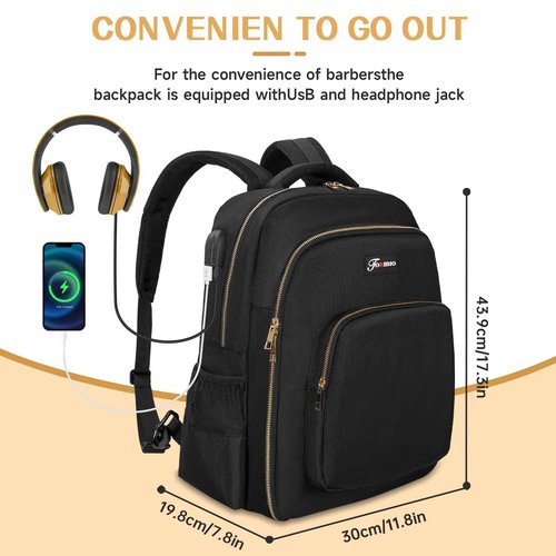 TORIBIO Barber Supplies Bag for Clippers and Supplies, Hairstylist Clipper Portable Backpack for Barber Tools (Black + Gold)