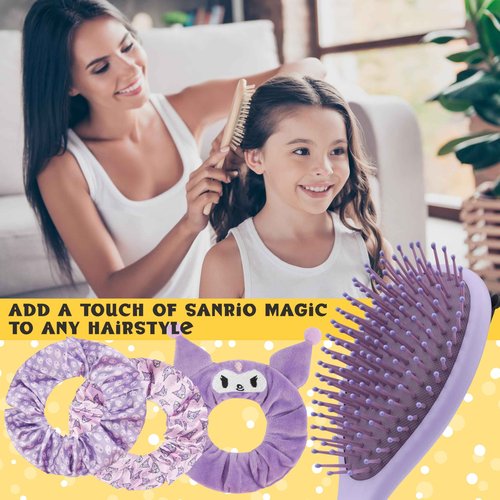 Hello Kitty Sanrio Hair Brush & Scrunchies Set for Girls, Teens, Women, Kuromi, Cinnamoroll Cute Stuff, Detangler Brush, Kawaii Gifts for Her (Kuromi Brush & Scrunchies)