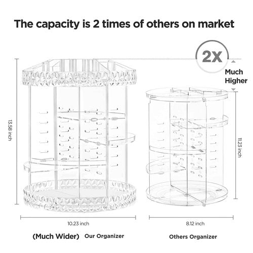 HBlife Extra Large 360 Rotating Makeup Organizer Adjustable Carousel Diamond Large Capacity Revolving Perfume Organizer Skincare Organizers Cosmetic Storage Spinning Holder for Vanity, Clear