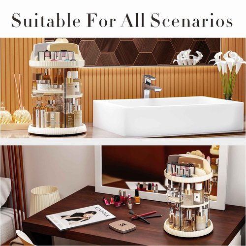 Yieach Rotating Make up Organizer for Countertop,Adjustable Spinning Skincare Organizers,Vanity Organizers and Storage,Bathroom Lazy Susan Organizer for Beauty Product and Spin Skin Care Holder,Beige
