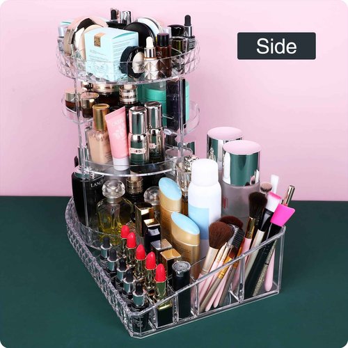 MOSIKER 360 Rotating Skincare Organizer,Large Clear Acrylic Tiered Adjustable Perfume Tray Cosmetic Holder for Bathroom