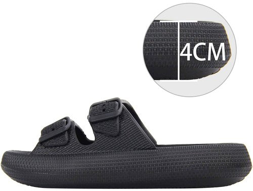 BenSorts Pillow Slippers for Women and Men Cute Rubber Sandal Adjustable Buckles Soft Slides Shower Spa Bath House Slippers Indoor Outdoor Black Men Size 8.5 9 9.5 Women Size 9.5 10 10.5