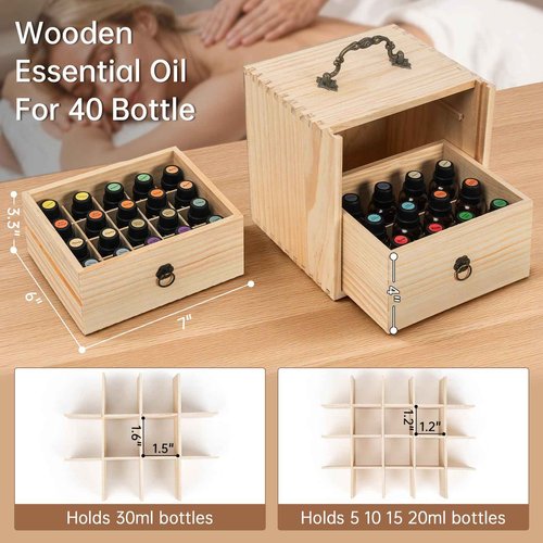 TORIBIO Essential Oil Storage Holder Organizer for 40 Bottles, Wooden Essential Oils Box Holds 5 10 15 20 30 ml for Young Living & Doterra Bottles