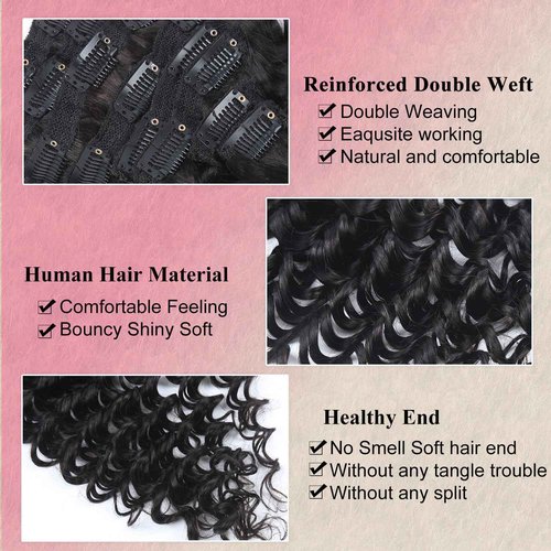 Deep Wave Clip in Hair Extensions Real Human Hair 16 Inch Deep Curly Clip ins for Women Invisible Seamless Remy Human Hair Clips in Extensions 8pcs 100g/3.5oz 20 Clips Double Weft Natural Black