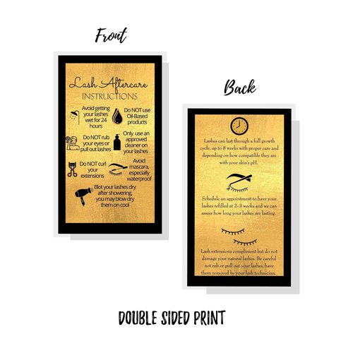 Lash Extension Aftercare Instructions Cards | 50 Pack | Double Sided Size 3.5 x 2" inches After Care (2-3 Week Fillers) | Black with Gold Look Design